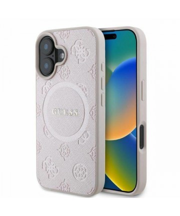 Guess Saffiano Peony Classic Logo MagSafe iPhone 16 Case - Pink