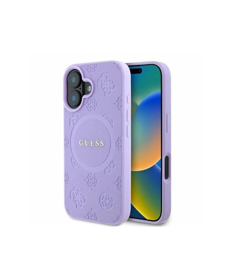 Guess Saffiano Peony Classic Logo MagSafe iPhone 16 Case - Purple