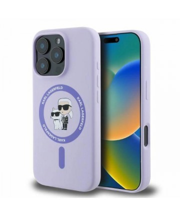 Karl Lagerfeld Silicone Karl&Choupette Heads Ring MagSafe Case for iPhone 16 Pro - Purple