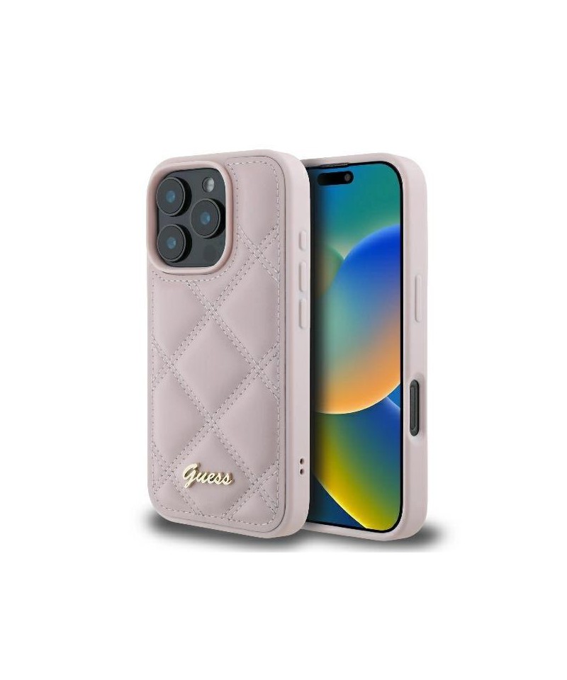 Guess Quilted Metal Logo iPhone 16 Pro Case - Pink