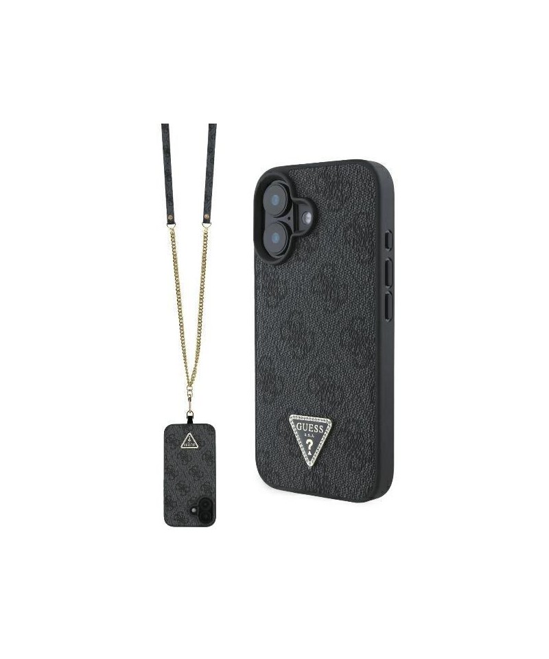 Guess Leather Metal Logo Strass Crossbody Case for iPhone 16 - Black