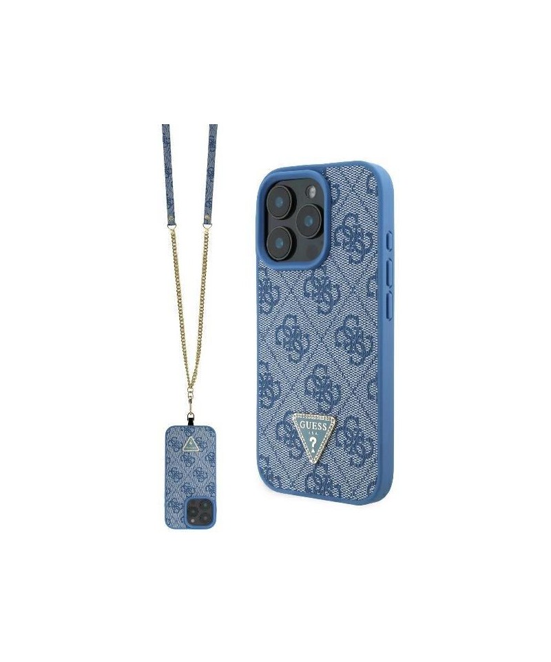 Guess Leather Metal Logo Strass Crossbody Case for iPhone 16 Pro Max - Blue