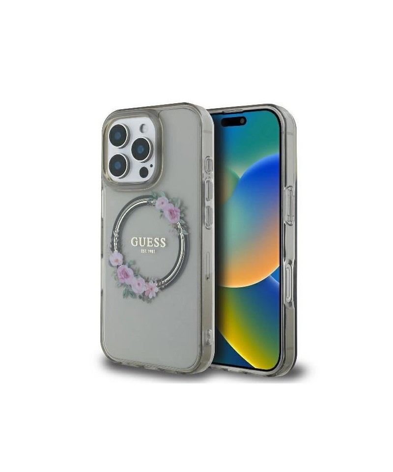 Guess IML Flowers Wreath MagSafe Case for iPhone 16 Pro - Black