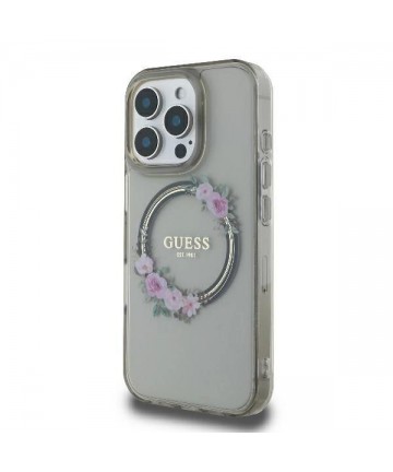 Guess IML Flowers Wreath MagSafe Case for iPhone 16 Pro - Black