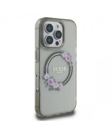 Guess IML Flowers Wreath MagSafe Case for iPhone 16 Pro - Black