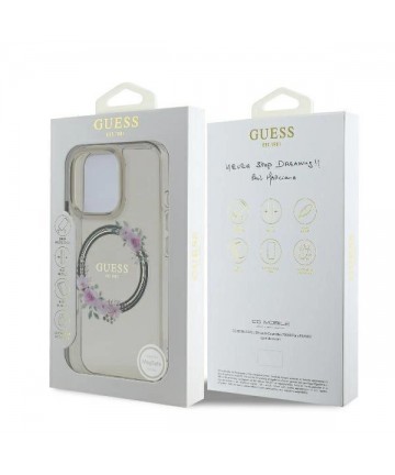 Guess IML Flowers Wreath MagSafe Case for iPhone 16 Pro - Black