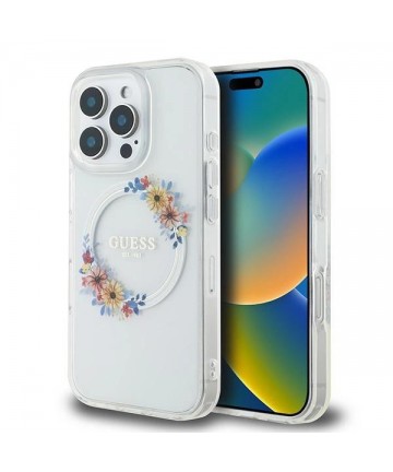 Guess IML Flowers Wreath MagSafe Case for iPhone 16 Pro - Clear