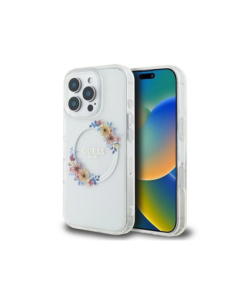Guess IML Flowers Wreath MagSafe Case for iPhone 16 Pro - Clear