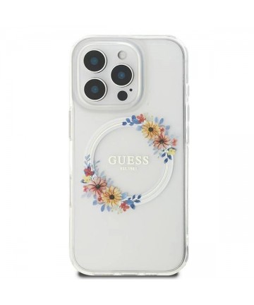Guess IML Flowers Wreath MagSafe Case for iPhone 16 Pro - Clear