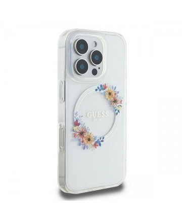 Guess IML Flowers Wreath MagSafe Case for iPhone 16 Pro - Clear