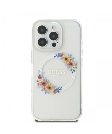 Guess IML Flowers Wreath MagSafe Case for iPhone 16 - Transparent