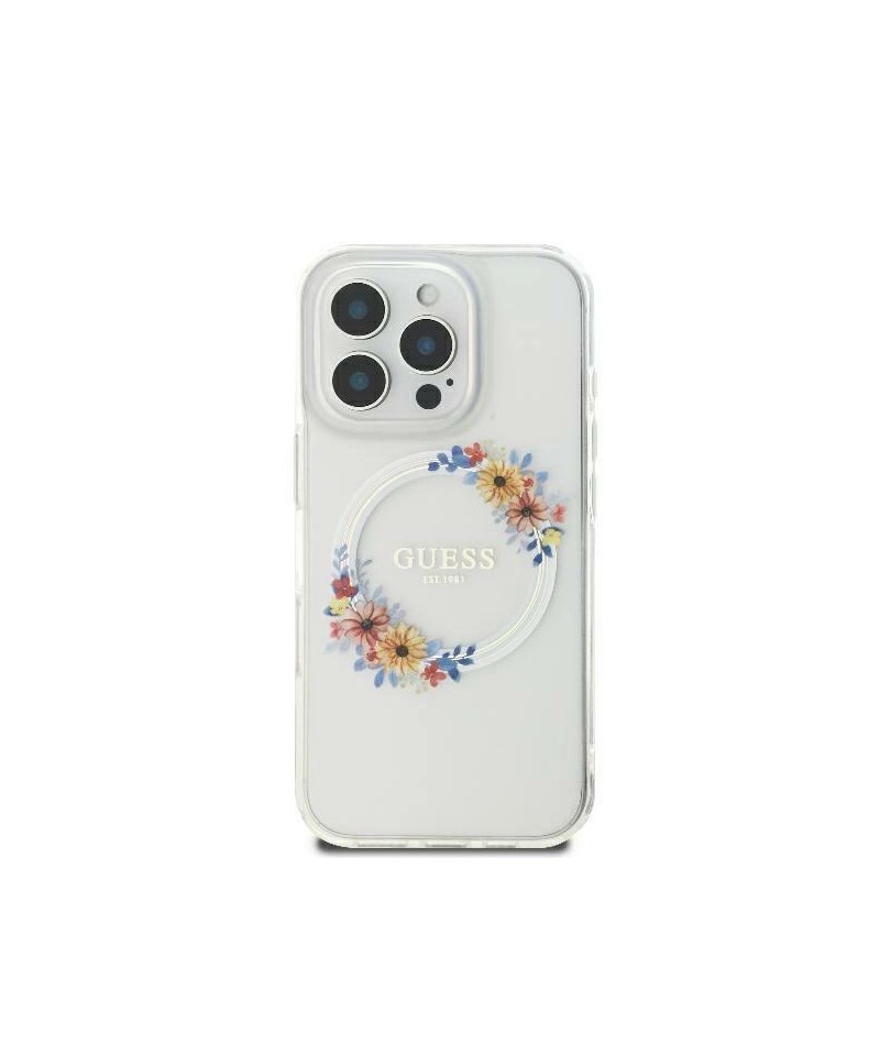Guess IML Flowers Wreath MagSafe Case for iPhone 16 - Transparent