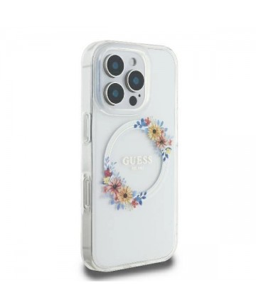 Guess IML Flowers Wreath MagSafe Case for iPhone 16 - Transparent
