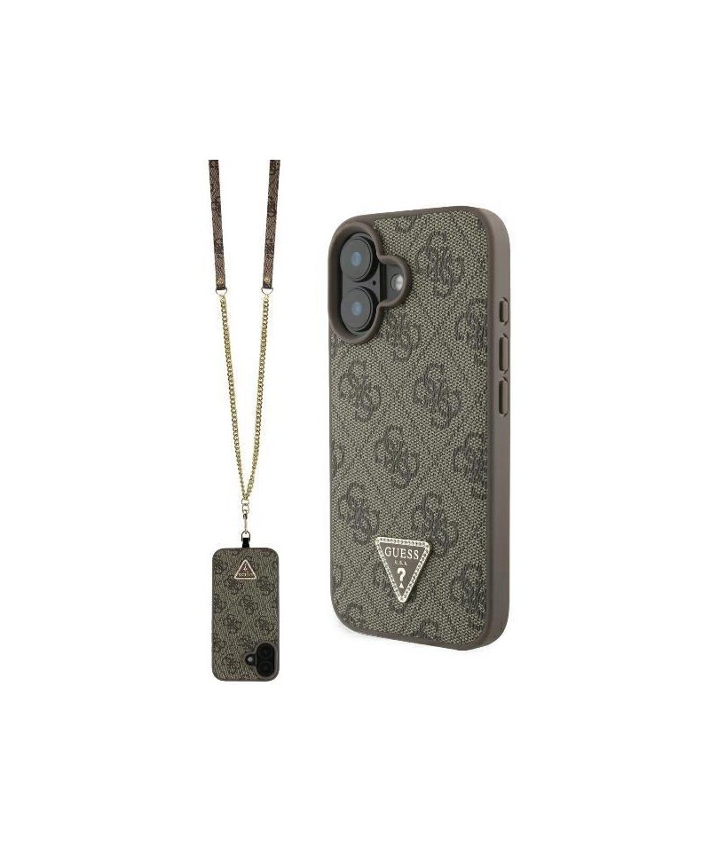 Guess Leather Metal Logo Strass Crossbody Case for iPhone 16 - Brown