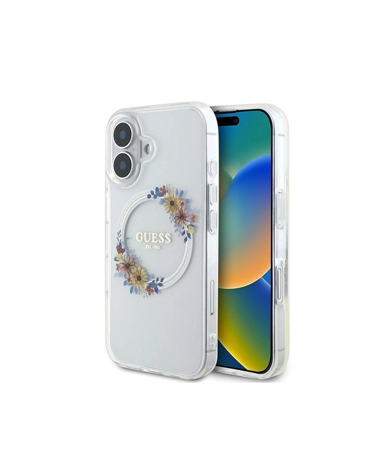 Guess IML Flowers Wreath MagSafe iPhone 16 Plus Case - Clear