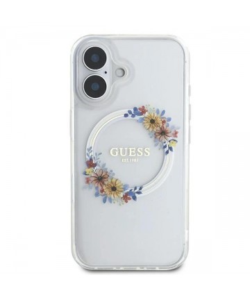 Guess IML Flowers Wreath MagSafe iPhone 16 Plus Case - Clear