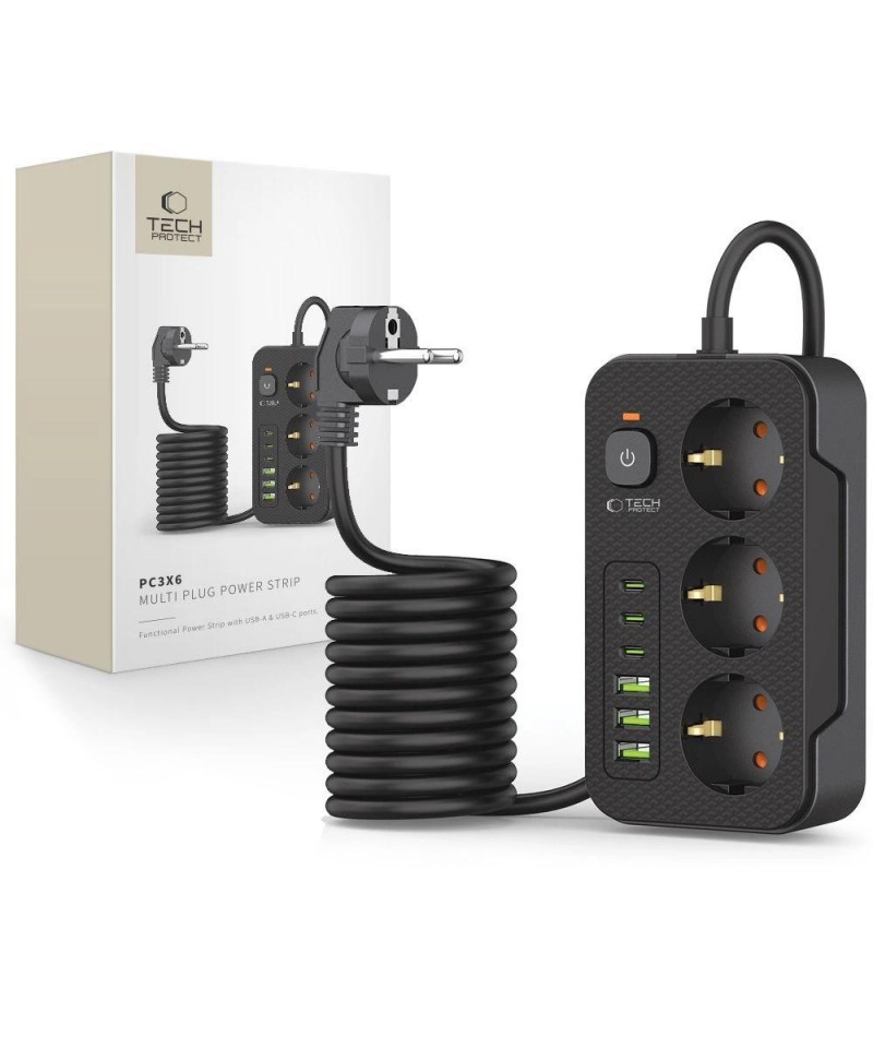 Tech-Protect PC3X6 Power Strip 3 Sockets 240V + 3xUSB-A + 3xUSB-C 200cm - Black