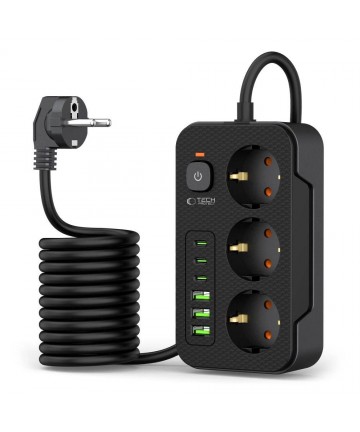 Tech-Protect PC3X6 Power Strip 3 Sockets 240V + 3xUSB-A + 3xUSB-C 200cm - Black