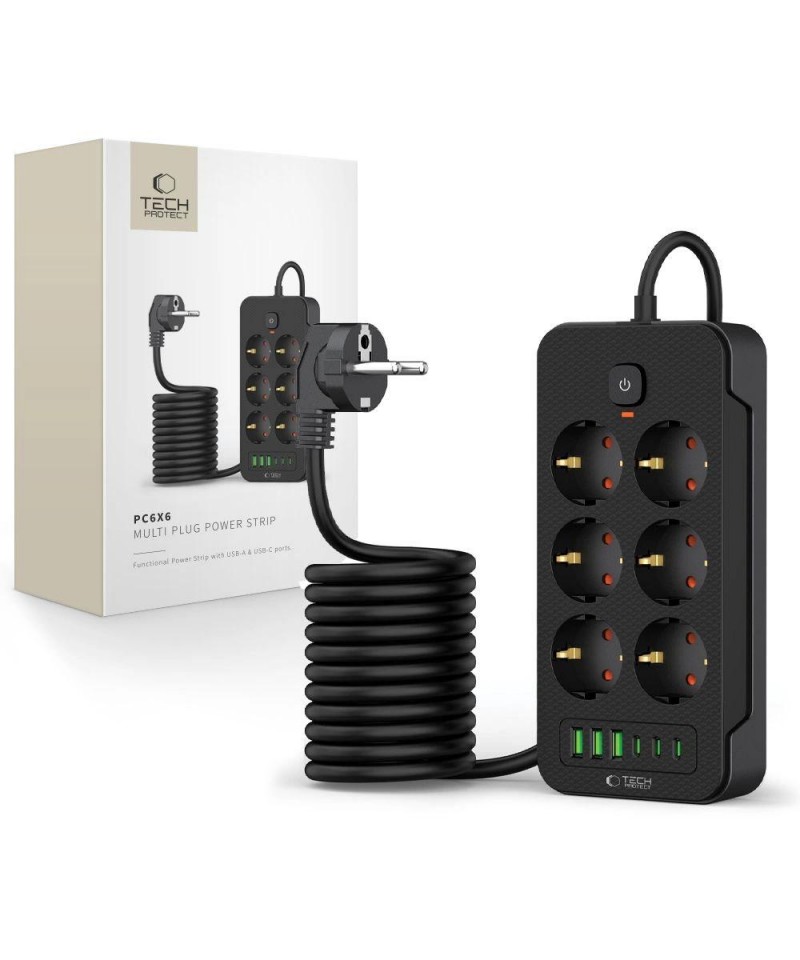 Tech-Protect PC6X6 Power Strip 6 Sockets 240V + 3xUSB-A + 3xUSB-C 200cm - Black