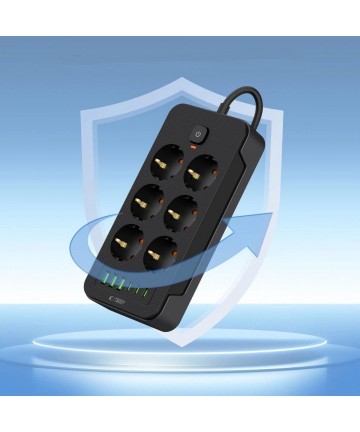 Tech-Protect PC6X6 Power Strip 6 Sockets 240V + 3xUSB-A + 3xUSB-C 200cm - Black