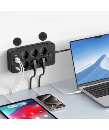 Tech-Protect PC6X6 Power Strip 6 Sockets 240V + 3xUSB-A + 3xUSB-C 200cm - Black