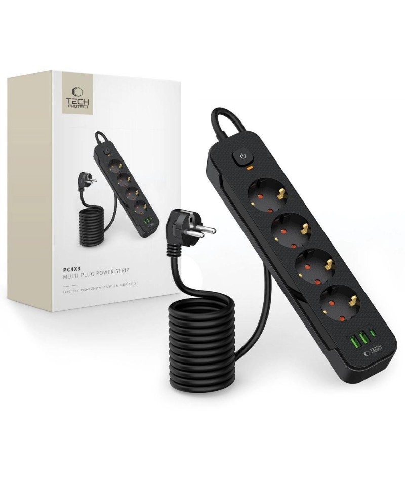 Tech-Protect PCL4X3 Power Strip 4 Sockets 240V + 2xUSB-A + 1xUSB-C 200 cm - Black