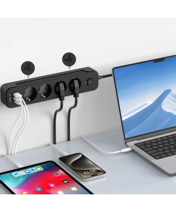 Tech-Protect PCL4X3 Power Strip 4 Sockets 240V + 2xUSB-A + 1xUSB-C 200 cm - Black