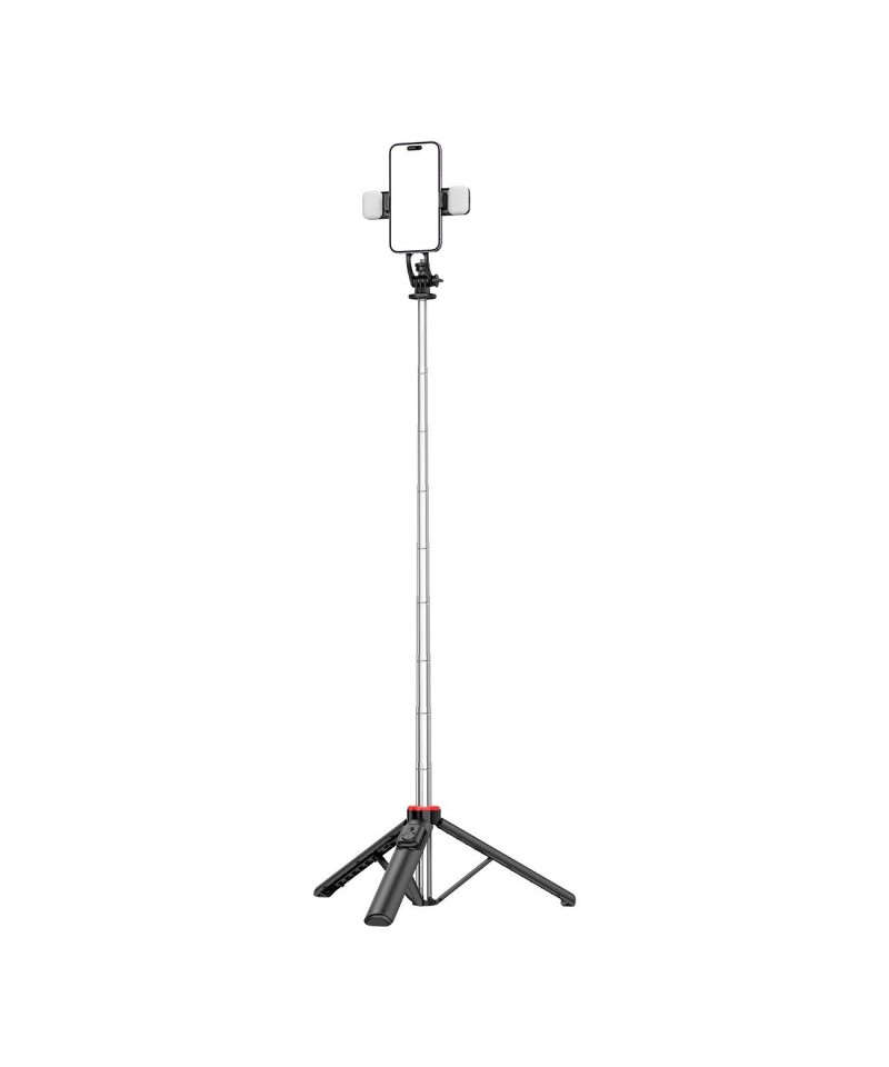 Selfie stick WC13YDS telescopic tripod 1.3m with double lamp and phone holder - black