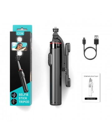 Selfie stick WC13YDS telescopic tripod 1.3m with double lamp and phone holder - black