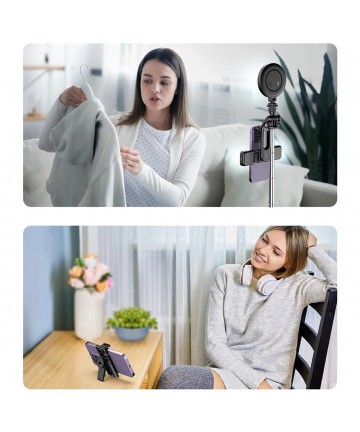 Selfie stick WC13YDS telescopic tripod 1.3m with double lamp and phone holder - black