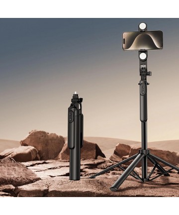 Selfie stick WH181D-Y1S 1.75m aluminum alloy telescopic tripod with dual lamp and phone holder - black