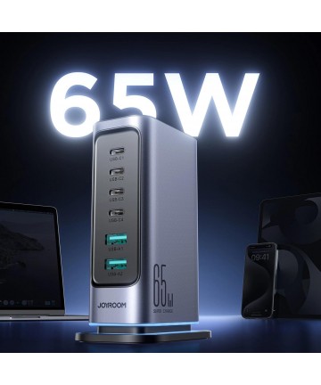 Joyroom JR-TCM02 Multiport GaN Charger 65W EU 4x USB-C 2x USB-A - Dark Gray