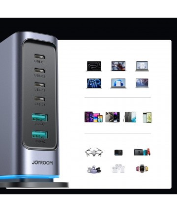 Joyroom JR-TCM02 Multiport GaN Charger 65W EU 4x USB-C 2x USB-A - Dark Gray