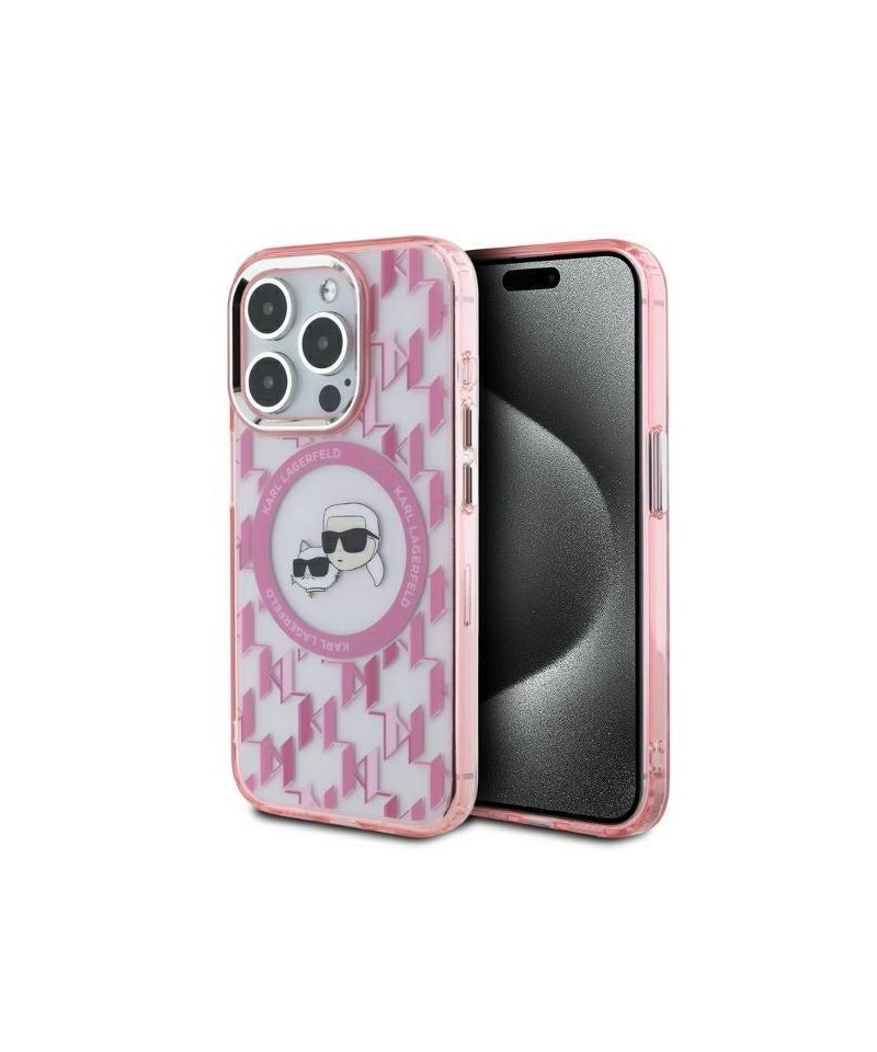 Karl Lagerfeld IML Monogram Karl & Choupette Head MagSafe iPhone 15 Pro Case - Pink