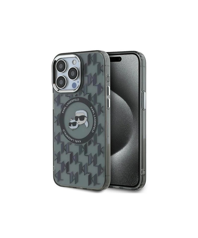 Karl Lagerfeld IML Monogram Karl & Choupette Head MagSafe Case for iPhone 15 Pro Max - Black
