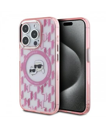 Karl Lagerfeld IML Monogram Karl & Choupette Head MagSafe Case for iPhone 15 Pro Max - Pink