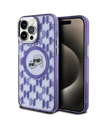 Karl Lagerfeld IML Monogram Karl & Choupette Head MagSafe Case for iPhone 15 Pro Max - Purple