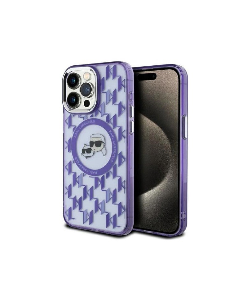 Karl Lagerfeld IML Monogram Karl & Choupette Head MagSafe Case for iPhone 15 Pro Max - Purple