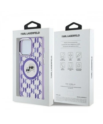 Karl Lagerfeld IML Monogram Karl & Choupette Head MagSafe Case for iPhone 15 Pro Max - Purple