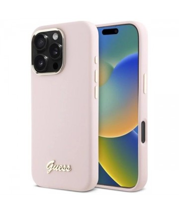 Guess Silicone Script Metal Logo & Frame iPhone 16 Pro Case - Pink