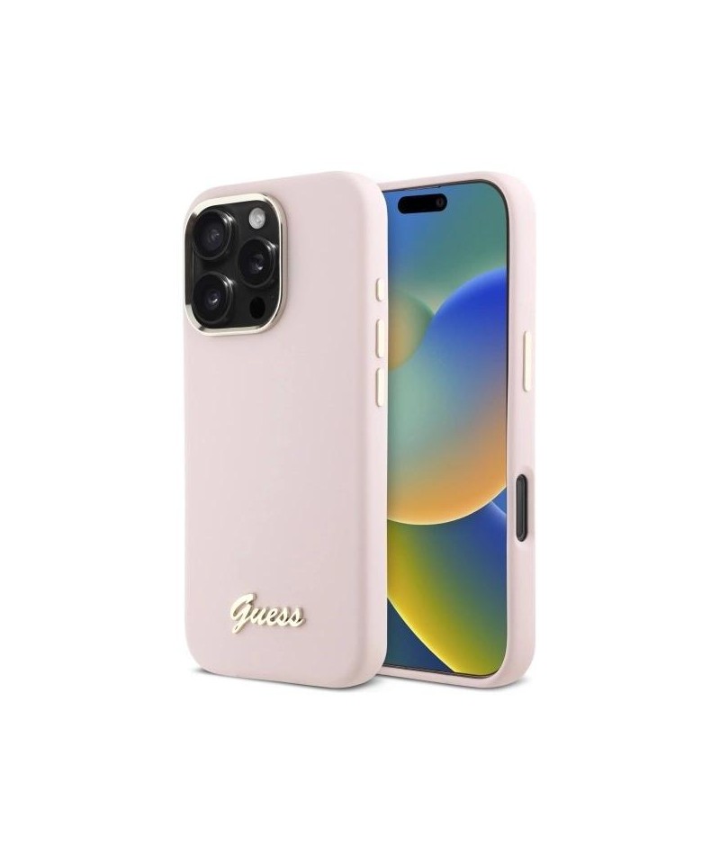 Guess Silicone Script Metal Logo & Frame iPhone 16 Pro Case - Pink