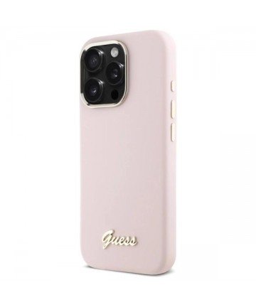 Guess Silicone Script Metal Logo & Frame iPhone 16 Pro Case - Pink
