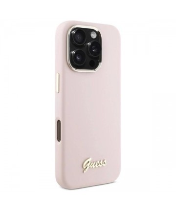 Guess Silicone Script Metal Logo & Frame iPhone 16 Pro Case - Pink