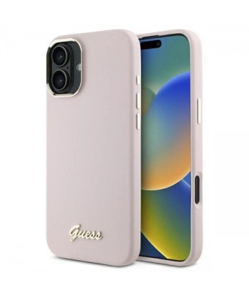 Guess Silicone Script Metal Logo & Frame iPhone 16 Plus Case - Pink
