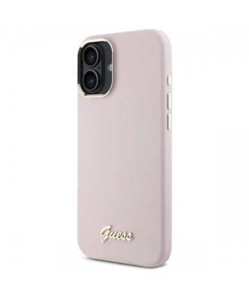 Guess Silicone Script Metal Logo & Frame iPhone 16 Plus Case - Pink