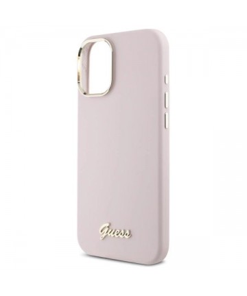 Guess Silicone Script Metal Logo & Frame iPhone 16 Plus Case - Pink