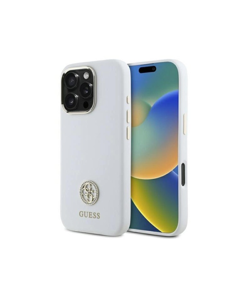 Guess Silicone Logo Strass 4G Case for iPhone 16 Pro Max - White
