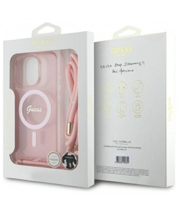Guess Crossbody Cord Script MagSafe Case for iPhone 16 Pro - Pink