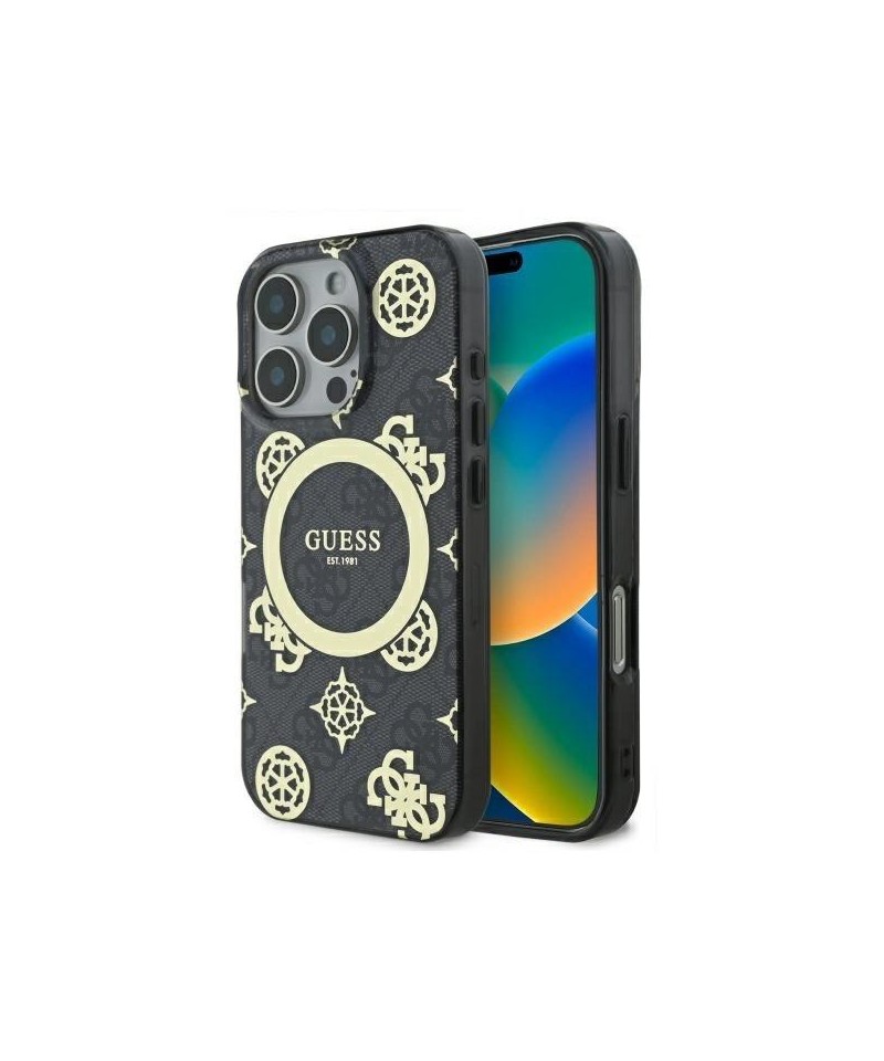 Guess IML Peony On 4G Background MagSafe Case for iPhone 16 Pro Max - Black