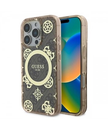 Guess IML Peony On 4G Background MagSafe Case for iPhone 16 Pro Max - Brown